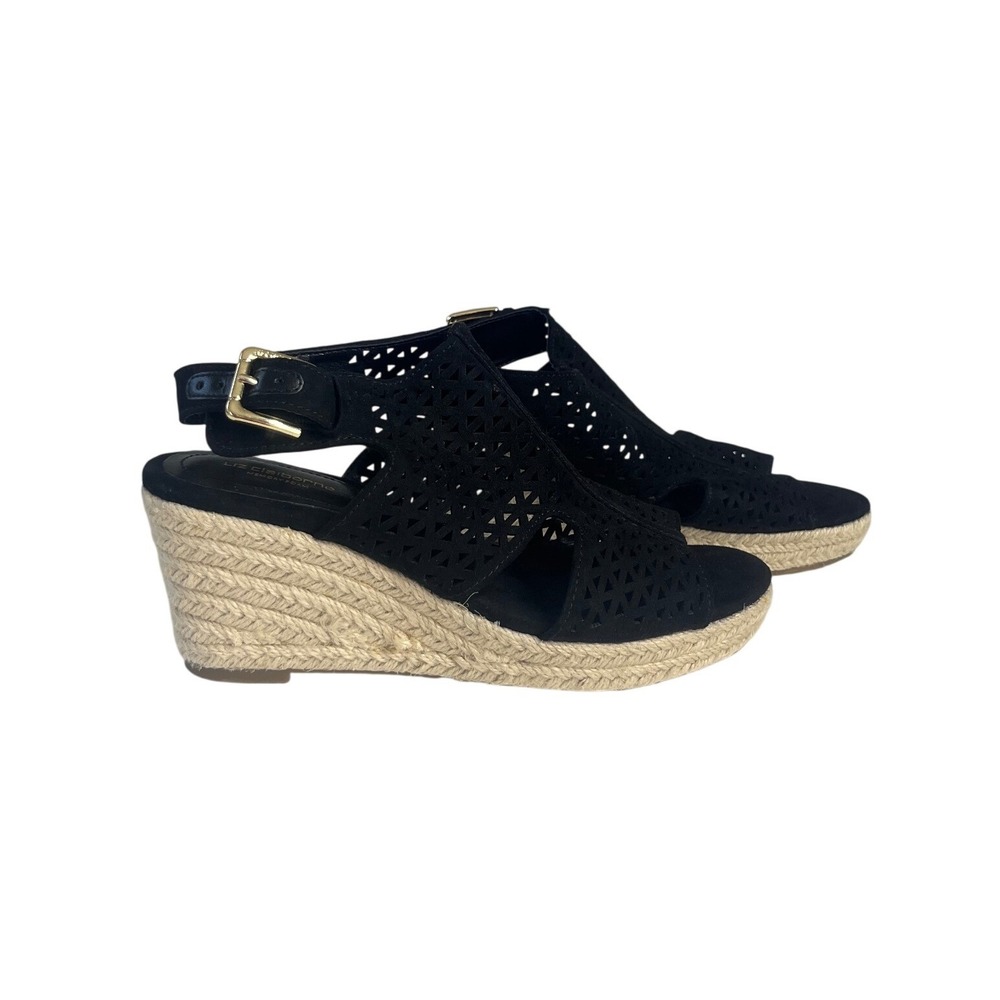 Liz Claiborne Hanahan Laser Cut Espadrille Wedge Sandals Size 6.5 M Black